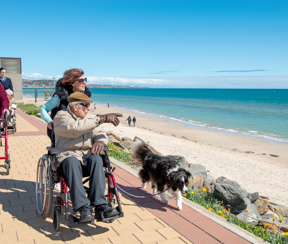 Eldercare aged care resident in a wheelchair along the foreshore with a volunteer and a border collie