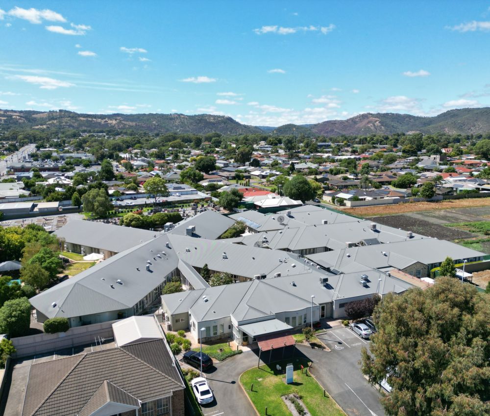Bird's eye view of Eldercare Hope Valley showing proximity to the foothills of Adelaide.