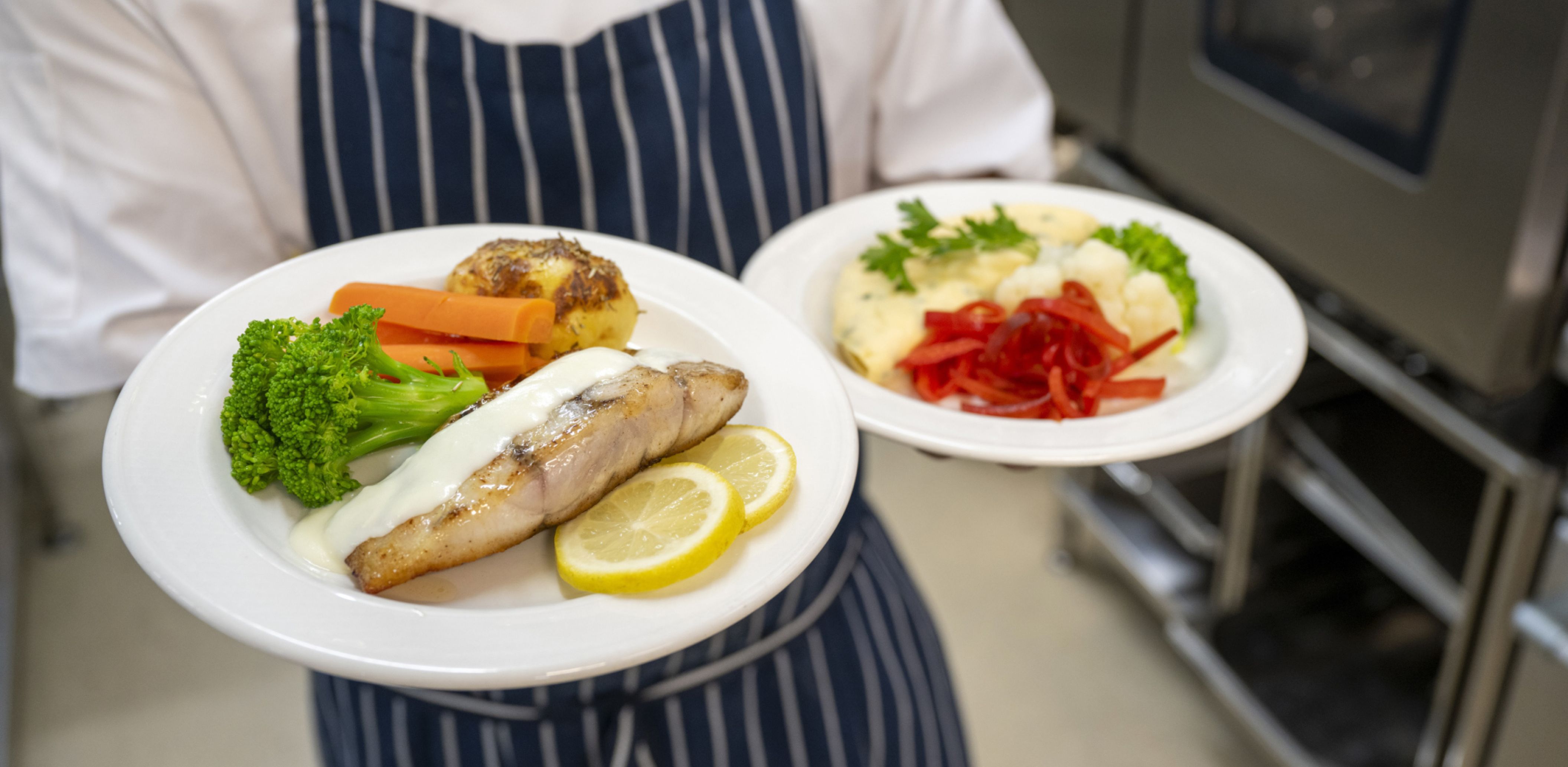 An Eldercare chef proudly holds two plates of beautifully presented food, showcasing their culinary skills and creativity.