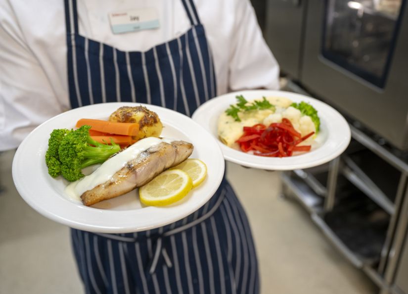 An Eldercare chef proudly holds two plates of beautifully presented food, showcasing their culinary skills and creativity.