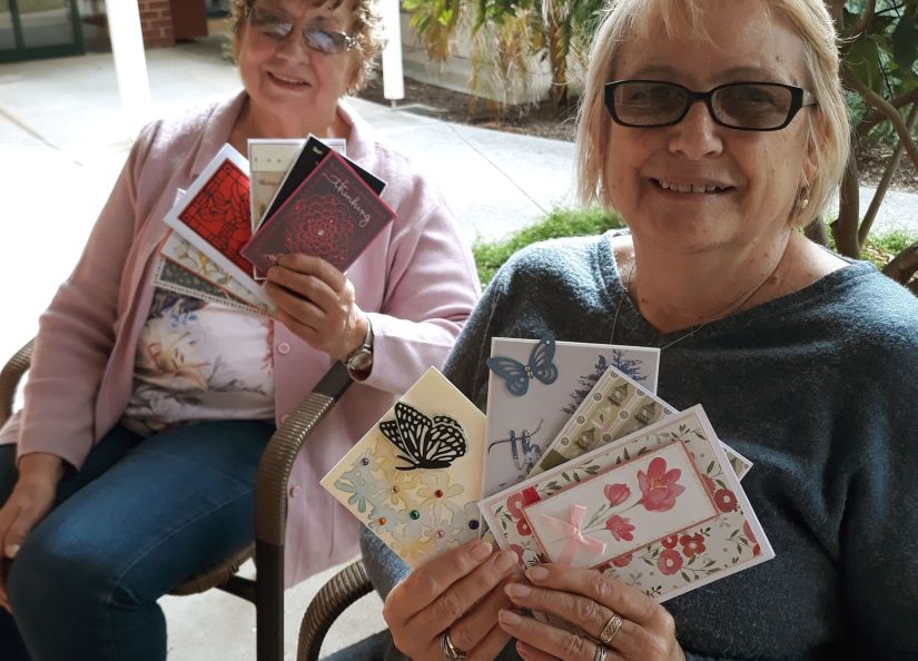 Eldercare Cottage Grove volunteers Polly and Lillian with their handmade cards.