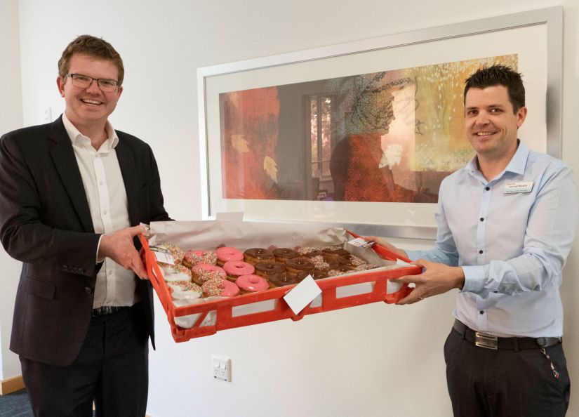Eldercare Seaford aged care workers receive donut donation from local MP.