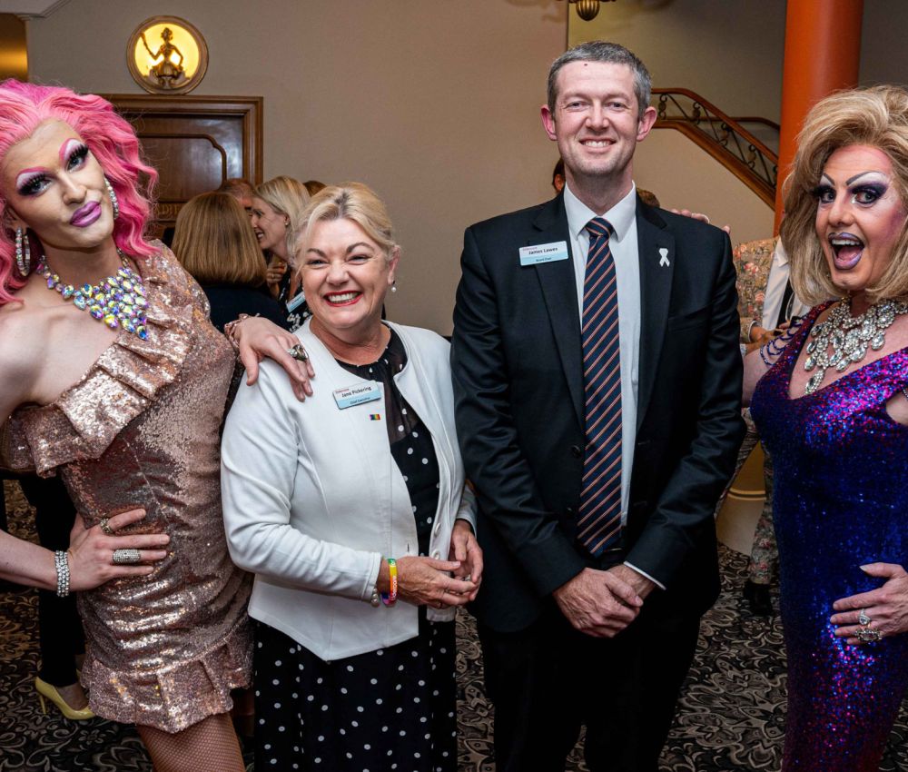 Fifi La Douce, Eldercare Chief Executive Jane Pickering, Eldercare Board Chair James Lawes and Princess Laya.