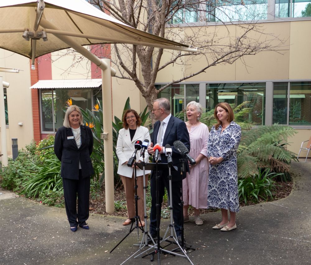 Eldercare Chief Executive Jane Pickering, the Hon Amanda Rishworth MP, Prime Minister Anthony Albanese, Maggie Beer, and the Hon Anika Wells MP.