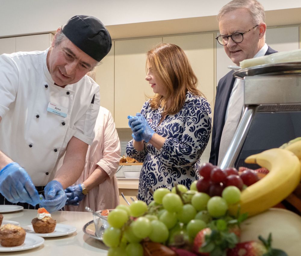 Eldercare Seaford Chef Manager Arno Egle, the Hon Anika Wells MP and Prime Minister Anthony Albanese.
