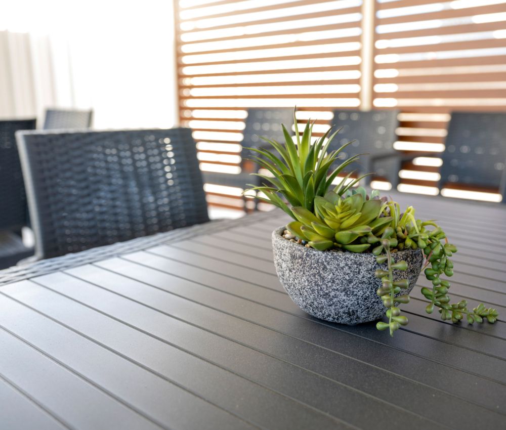 Close-up of outdoor dining setting with black table and chairs, featuring a small potted succulent on the tabletop under a covered pergola with timber privacy screening.