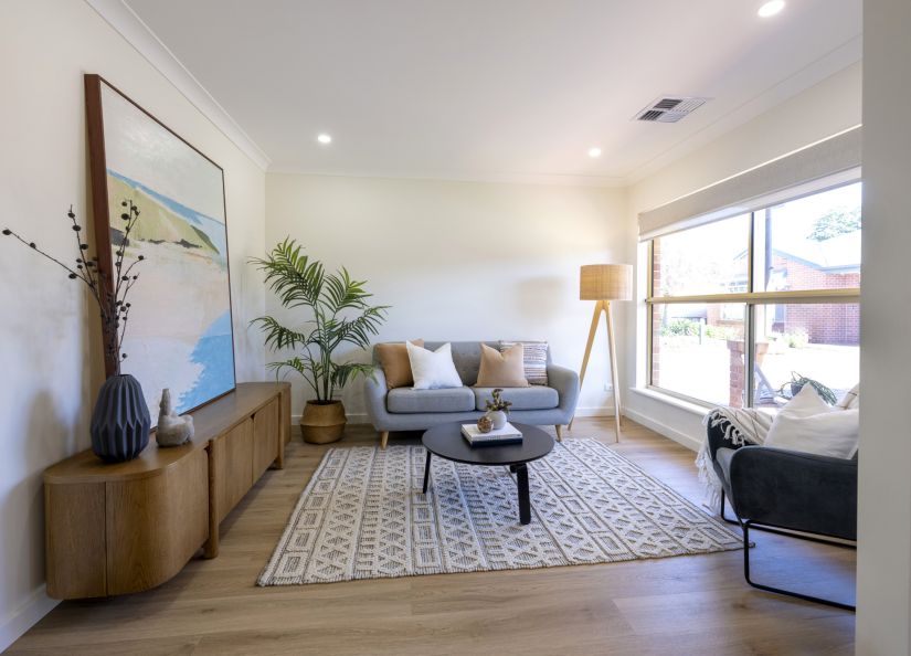 Bright, modern living room with a sofa, armchair, coffee table, large window, indoor plant, and wooden cabinet.